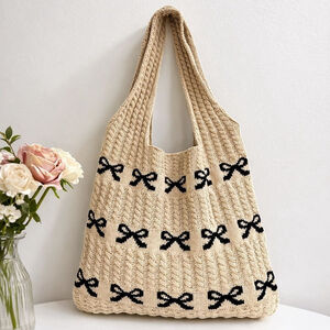 Zenana Coquette Bow Knit Tote Bag Crochet Ribbon Shoulder Bag